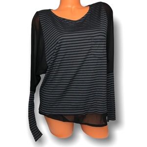 Seven Jeans Womens Long Sleeve Black Striped Top With Sheer Long Sleeves